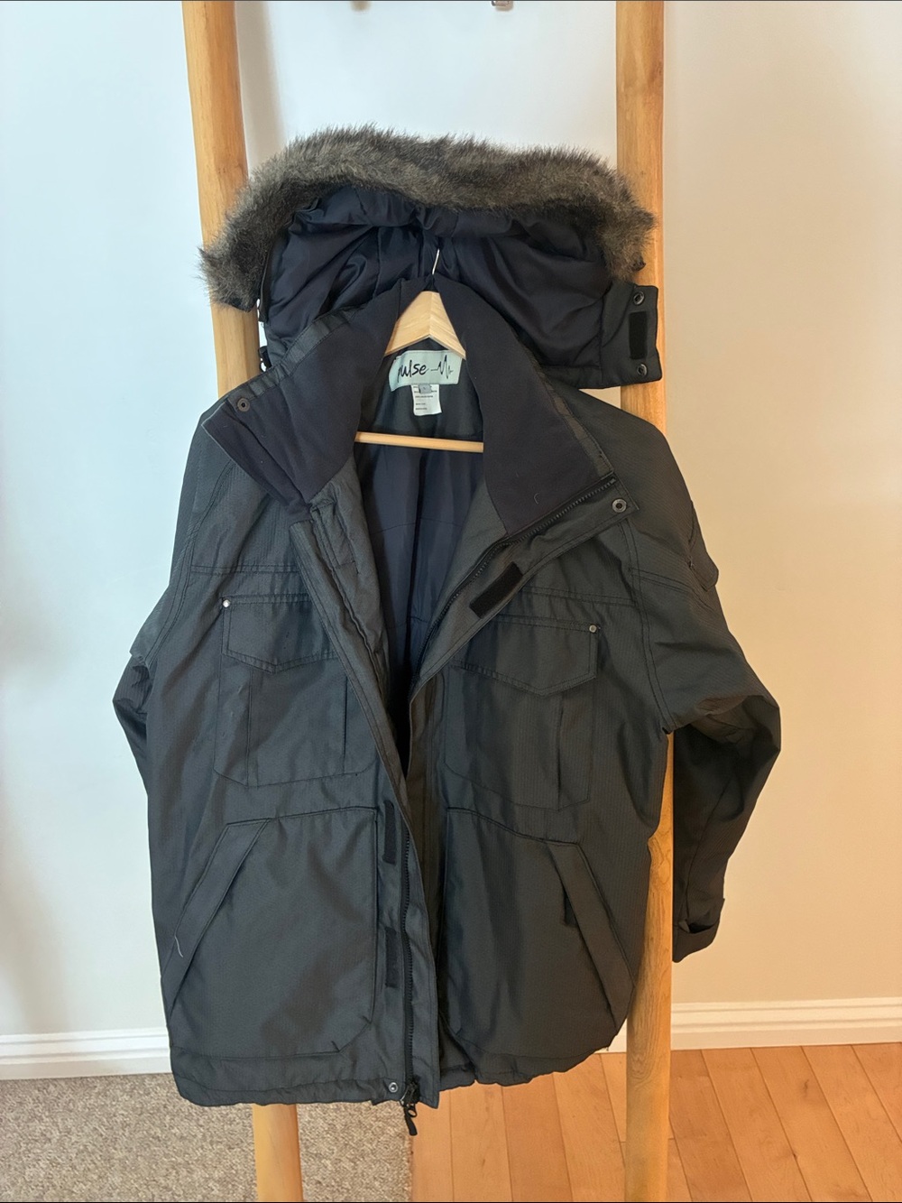 Pulse Men's Dark Gray Ski Jacket with Faux Fur Hood